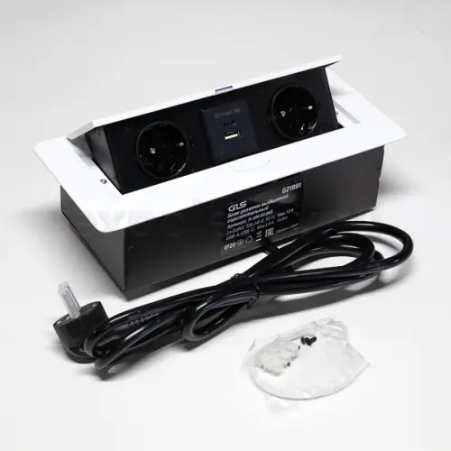 Розетки блок розеток выдвижной горизонт, 2euro, usb a+ c с быстрой зарядкой, 250в, 2700w, белая/чёрная, 2 м