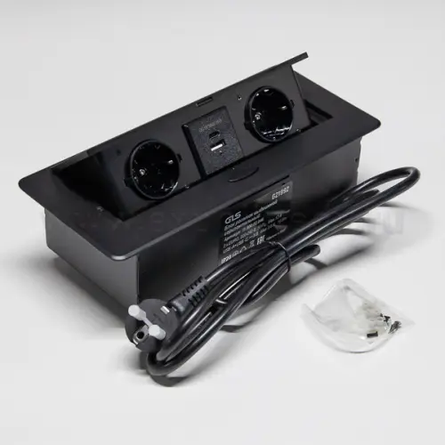 Розетки блок розеток выдвижной горизонт, 2euro, usb a+c с быстрой зарядкой, 250в, 2700w, чёрная, 2 м
