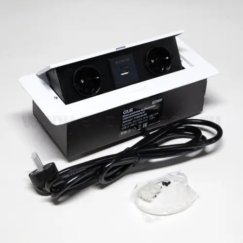 Розетки блок розеток выдвижной горизонт, 2euro, usb a+ c с быстрой зарядкой, 250в, 2700w, белая/чёрная, 2 м